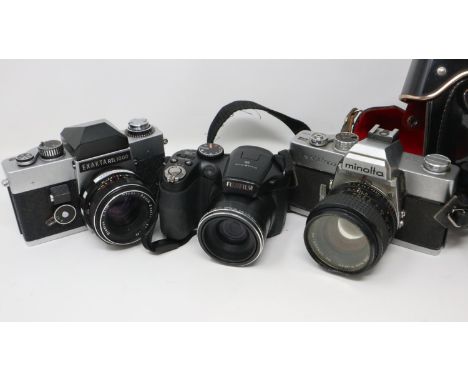 Three cameras, Exacta TRL 1000, Minolta SRT 303 and a Fujifilm finepix S1730. P&amp;P Group 2 (£18+VAT for the first lot and 