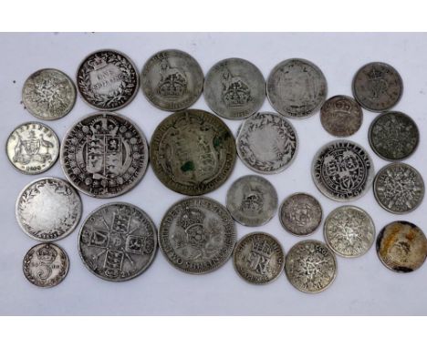 UK silver denominations including Victorian examples, mixed grades. P&amp;P Group 1 (£14+VAT for the first lot and £1+VAT for