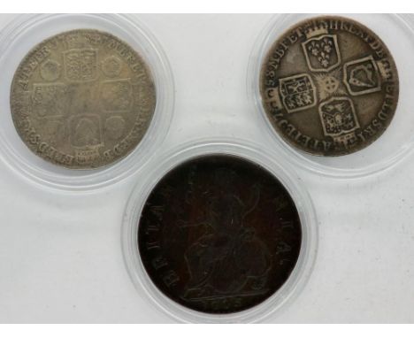 1748 and 1758 silver shillings of George II, with a 1775 halfpenny of George III (3). P&amp;P Group 0 (£5+VAT for the first l