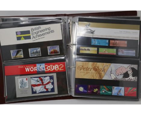 Collection of GB stamps presentation packs containing commemorative stamps with a total face value of £178, all in one album 