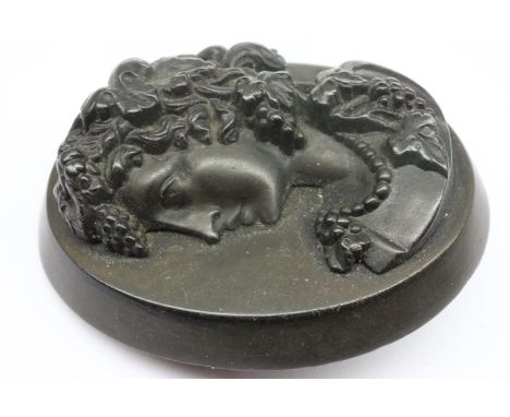 Jet brooch with cameo portrait, named verso Daisy Barrett, H: 50 mm. P&amp;P Group 1 (£14+VAT for the first lot and £1+VAT fo