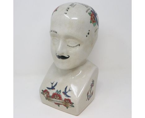 Large Phrenology head with traditional designs, no cracks or chips, H: 29 cm. P&amp;P Group 3 (£25+VAT for the first lot and 