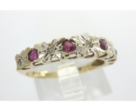 9ct gold half eternity ring set with rubies and diamonds, size M, 1.5g. P&amp;P Group 1 (£14+VAT for the first lot and £1+VAT