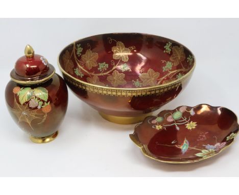 Carlton Ware Rouge Royal decorated bowl, oval dish and covered pot in the Spiderweb design (3), largest D: 26 cm, restoration