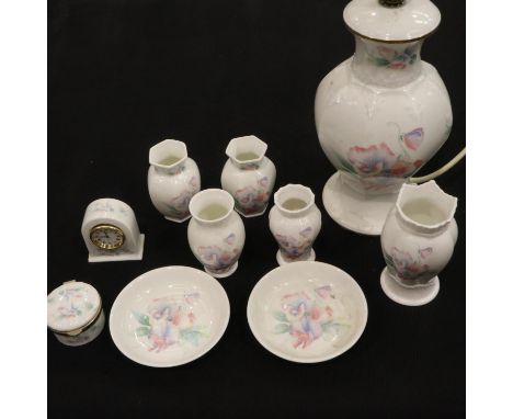 Ten pieces of Aynsley in the Little Sweetheart pattern including a table lamp, no cracks or chips, largest H: 42 cm. Not avai