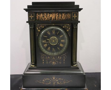 19th Century French slate cased mantel clock, brass barrel movement chiming on a gong, retailer W &amp; M dodge Manchester, w