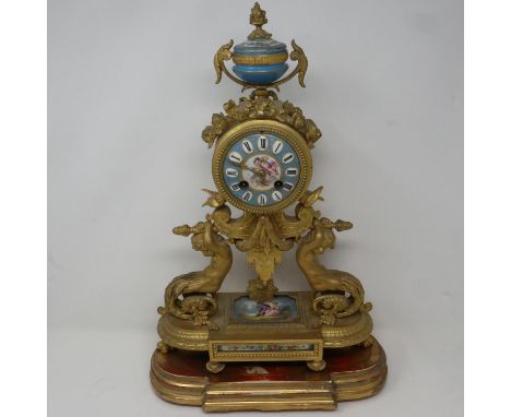 Sevres porcelain and Ormolu French mantel clock by H&amp;F Paris, working at lotting. Not available for in-house P&amp;P 