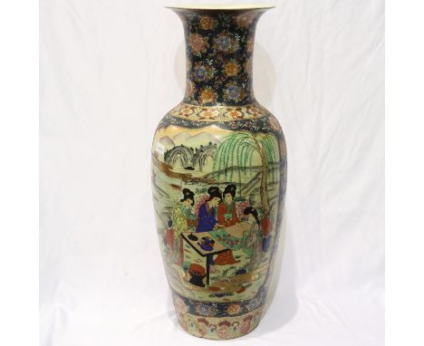 Large 20th century Chinese satsuma floor vase, enamelled and decorated with figures around a table, H: 81 cm. Not available f