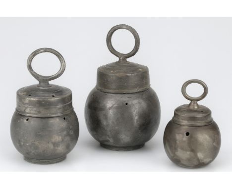 Collection of Small French(?) Pewter Leech Jars, French, c.19th Century, 2 with stamps to the base, of typical form with air 