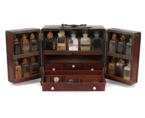 Victorian Domestic Medicine / Apothecary Chest, English, mid 19th Century, French polished mahofgany cabinet, double doors op