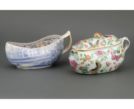 Two Bourdaloues, the first Chinese, Quin dynasty, of typical form, Canton ‘famille rose’ polychrome enamel with floral, butte