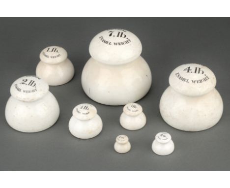 Set of 8 Imperial Enamel Weights, Wedgewood, English, c.1880, stamped to the base Wedgewood, with stamps to the lead base of 