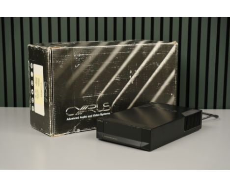 A Cyrus PSX-R Power Supply, black, serial no. HB004279, body, G-VG, complete with maker's box