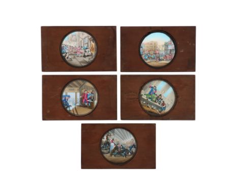 Magic Lantern Slides of Hogarth's Drawings, Mahogany frames impressed 'NEWTON 3 FLEET ST LONDON', each with hand painted scen