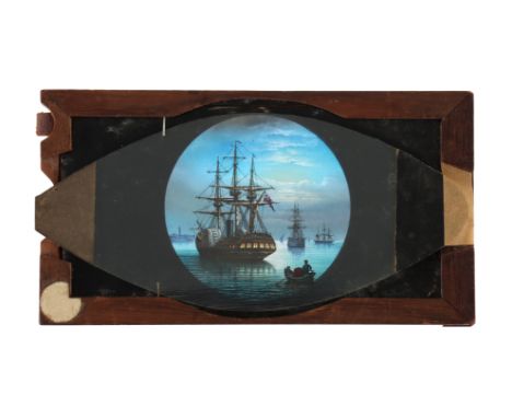 Magic Lantern Slide of Animated Boats at Anchor, mahogany slide with evening scene of tall ships at anchor in Alexandria, wit