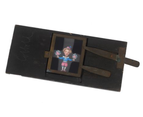 Magic Lantern signed by Desch Lever slide signed and dated by Desch c1860. Shows a gentleman presenting 2 bouquets, which cha