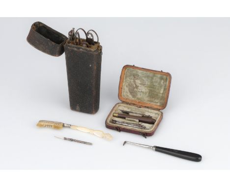 Toilet Sets and Instruments, including: an English, 18th Century, toilet etui, steel and tortoiseshell, comprising a razor bl