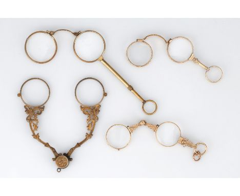 Four 19th Century Lorgnettes/Handheld Spectacles, including: an English, Georgian folding, short-handled/semi-lorgnette, by D