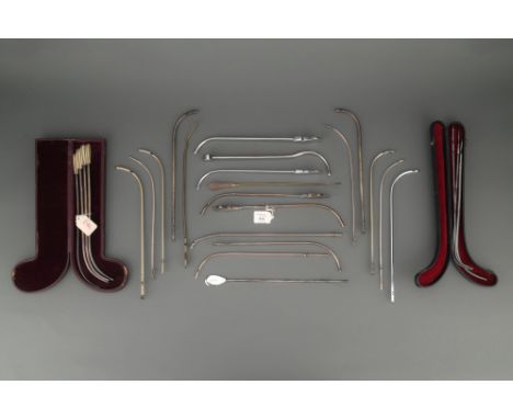 A Group of Urethral Catheters and Dilators/Sounds, all of typical form, including: a Victorian Thompson's male catheter, poss