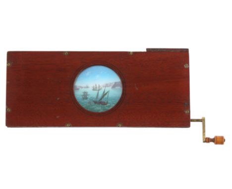 Magic Lantern Shipping Panoramic Slip Wood-framed, complex panoramic slip with eccentric movement-double action. Sailing ship