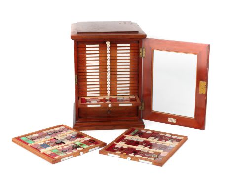 Large Victorian Microscope Slide Cabinet & Slides, the cabinet, English, c.1880, plaque to the inside of the door for 'W. WAT