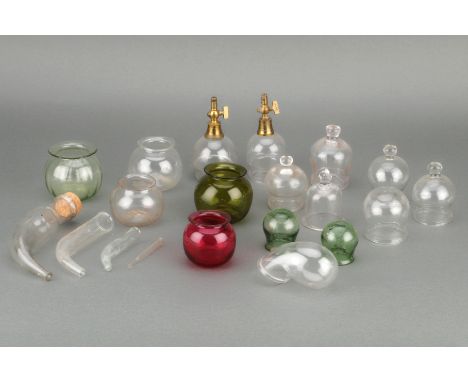 Collection of Glass Leech Jars and Cupping Glasses, including a rare hand blown ruby red Leech jar (small chip to rim), an ol