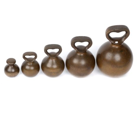 City of Birmingham, Set of 5 Avoirdupois Globe Wights, English, dated 1903, engraved 'CITY OF BIRMINGHAM W &amp; T Avery Birm