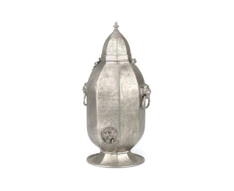 Apothecary Pewter Theriaca Vessel, Large Pewter Vessel, with loinshead handles, hinged lid with clasp for padlock, profusely 