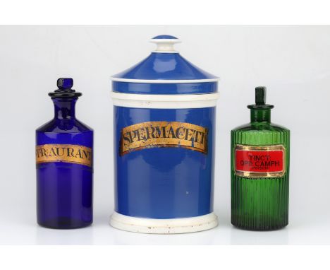 Apothecary Chemist Bottles, Including a hand blown syrup bottle with peg stopper and hand painted gilt label, 20cm tall, a gr