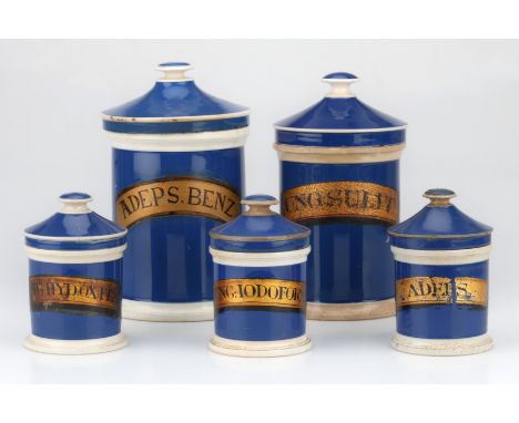 Collection of 5 Blue & White Ceramic Chemists Jars, English 19th Century, each with blue bodies with cream edging, with and p