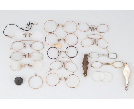 A Group of Lorgnettes and Pince-Nez, including: a late 19th Century spring-loaded, folding semi-lorgnette with short tortoise