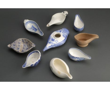 Collection of Medical Ceramics, including a ceramic Pearlwear blue transfer printed feeding bottle (small chip to spout), 4 t