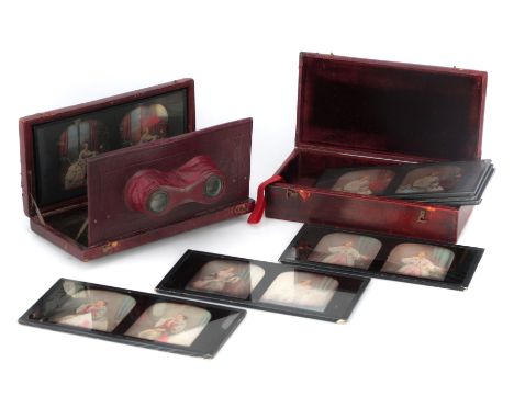 Cased Set of 7 Tinted Stereo Daguerrotype Images, Claudet, English, mid 19th Century, each with the label for 'Mr. Antoine Cl