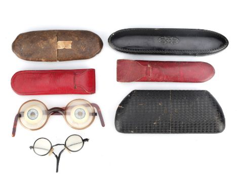 Assorted Spectacle Cases, including: a Victorian lacquered papier-mâché, frog-mouth case with raised decoration; a paper-cove