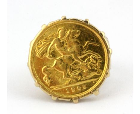 A 9ct yellow gold (stamped 9ct) ring set with a half sovereign, c. 1906, (R).