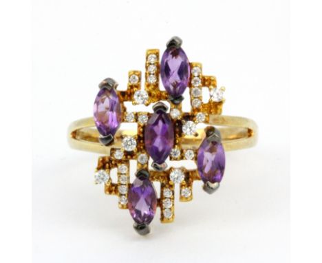 A 925 silver gilt ring set with marquise cut amethyst and cubic zirconia, (P.5).