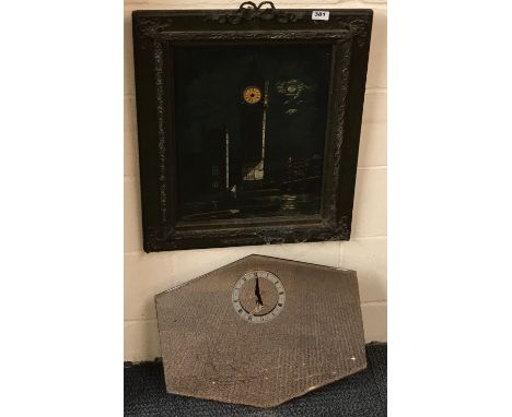 An Art Deco peach glass mirror clock, W. 52cm together with a framed Big Ben clock picture frame, framed size 54 x 66cm.