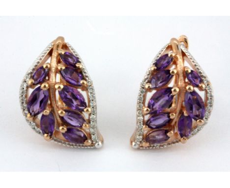 A pair of 925 silver rose gold gilt leaf shaped earrings set with marquise cut amethyst and cubic zirconia, L. 1.8cm.