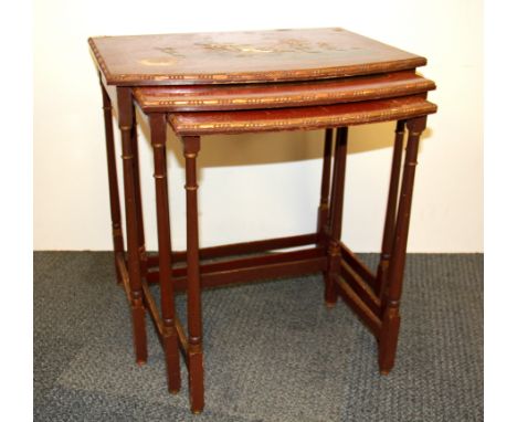 A nest of three 1920's chinoiserie decorated wine tables, 53 x 38 x 54cm.