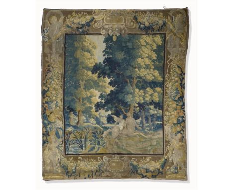 A FLEMISH MYTHOLOGICAL LANDSCAPE TAPESTRY, THE STORY OF NESSUS AND DEIANEIRA  PROBABLY ANTWERP, CIRCA 1680  Surrounded by flo