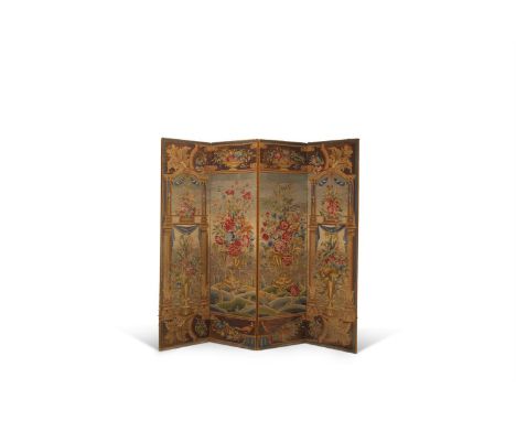 A TAPESTRY COVERED FOUR FOLD SCREEN  CIRCA 1900  Each panel covered with a floral motif  Each 199cm high, 54cm wide  Conditio