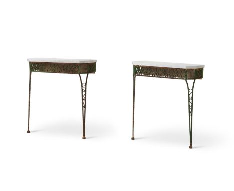 A PAIR OF GREEN PAINTED WROUGHT IRON SIDE TABLES  FIRST HALF 20TH CENTURY  82cm high, 72.5cmwide, 31cm deep    Condition Repo