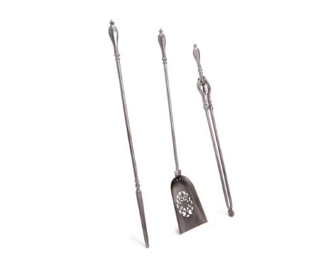 A SET OF THREE GEORGE IV POLISHED STEEL FIRE TOOLS  CIRCA 1830  Comprising poker, tongs, and shovel, each with a facetted han