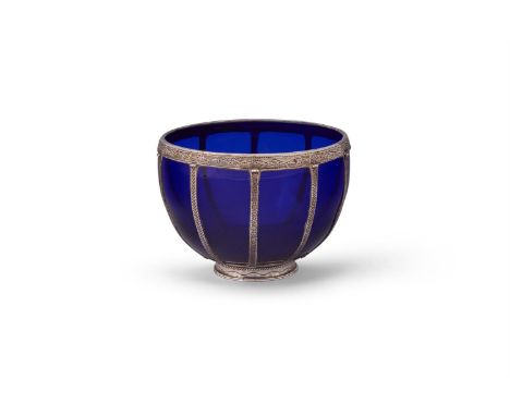 A SECESSIONIST STYLE CONTINENTAL SILVER MOUNTED AND BLUE GLASS BOWL UNMARKED, POSSIBLY AUSTRIAN, CIRCA 1920 Engraved with a s