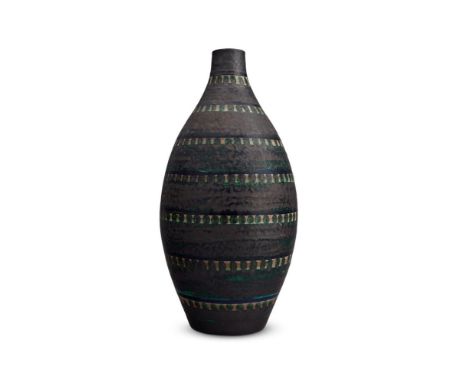 CERAMANO (1959-1984); A LARGE WEST GERMAN POLYCHROME CERAMIC VASE  MID 20TH CENTURY  Geometric banded pattern glaze on a red 