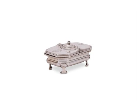 A GEORGE I SILVER SPICE BOX  NO APPARENT MAKER'S MARK, LONDON 1724  The hinged covers engraved with a crest and an armorial, 