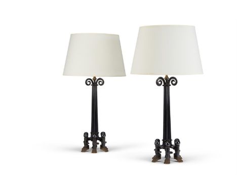 AN UNUSUAL PAIR OF BRASS MOUNTED BLUED STEEL RIFLE BAYONET TABLE LAMPS  FRANCO-PRUSSIAN, MID/LATE CENTURY AND LATER  Each wit