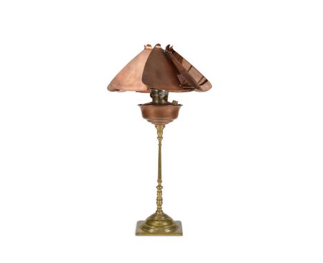 W.A.S. BENSON (BRITISH, 1854-1924) - A COPPER AND BRASS TABLE LAMP WITH 'REFLECTOR' SHADE  CIRCA 1890 AND LATER CONVERTED TO 