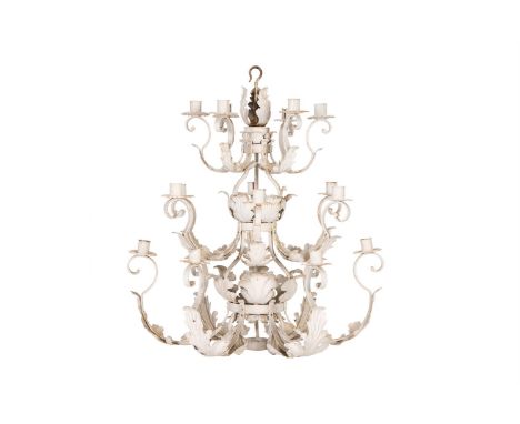 A LARGE WHITE PAINTED METAL EIGHTEEN LIGHT CHANDELIER  20TH CENTURY  With three tiers of candlearms, within a scrolling leaf 
