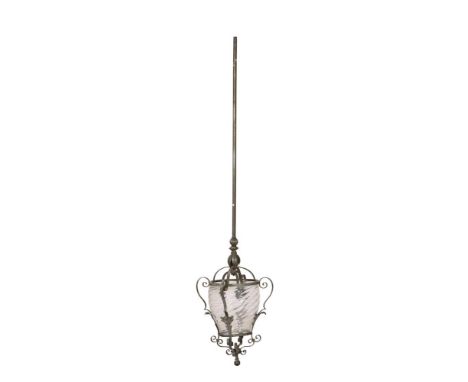 AN EDWARDIAN PENDANT CEILING LANTERN  EARLY 20TH CENTURY  With verdigris patinated metal frame, long tube above flowerhead, s